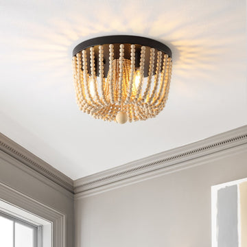 Eivissa 13" Coastal Farmhouse Iron/Wood Bead LED Flush Mount - JONATHAN Y